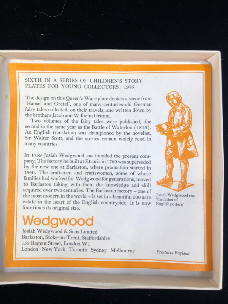 VTG WEDGWOOD CHILDREN'S STORY COLLECTIBLE PLATE 1976 HANSEL AND GRETEL.