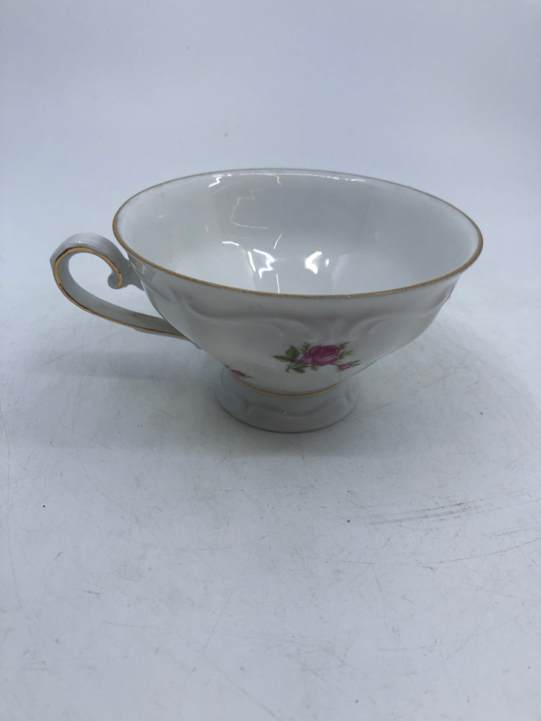 8 PC CUP/SAUCER SET WHITE W/ PINK ROSES GOLD RIM BAVARIA.