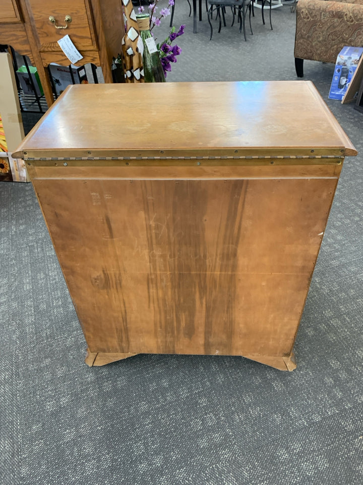 VTG WOOD BAR CABINET W/ W/ LIFT TOP DETAILED DOORS METAL HARD WARE.