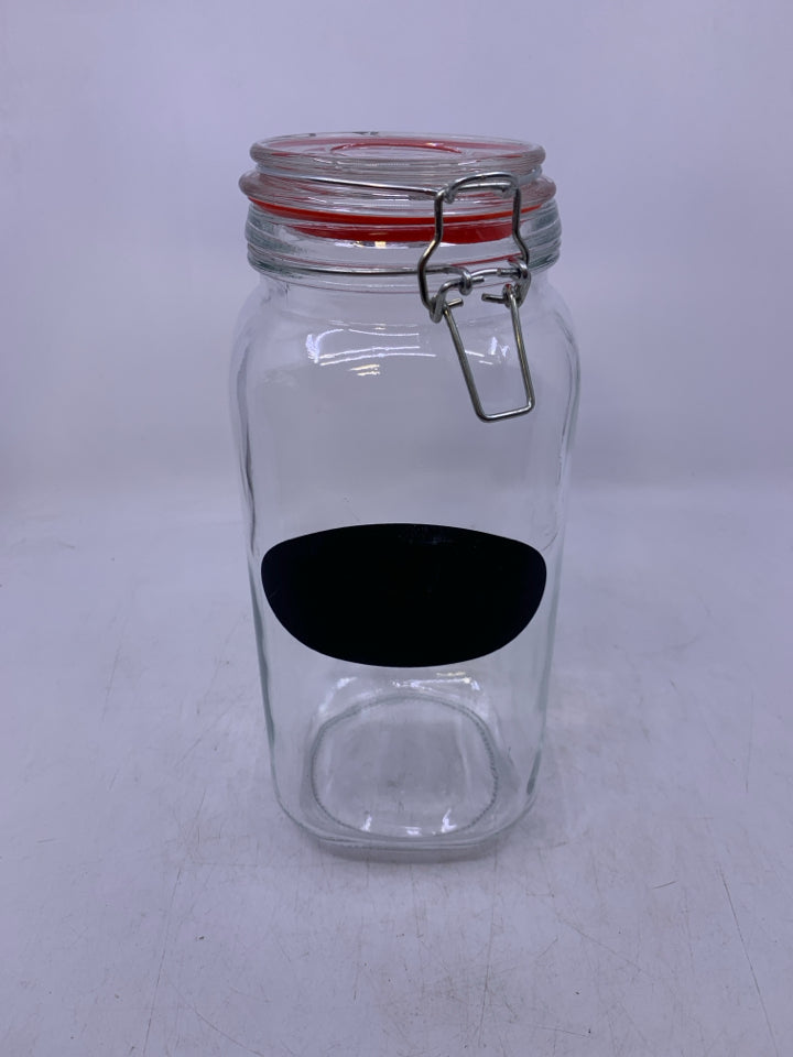 LARGE GLASS CANISTER WITH CHALK LABEL.