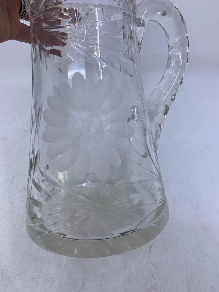 HEAVY GLASS LARGE PITCHER W/ ETCHED FLOWERS.