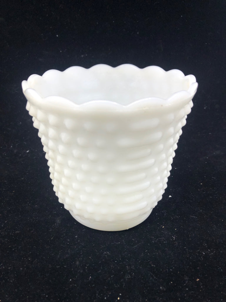 VTG MILK GLASS SCALLOP EDGE HOBBNAILED VASE.