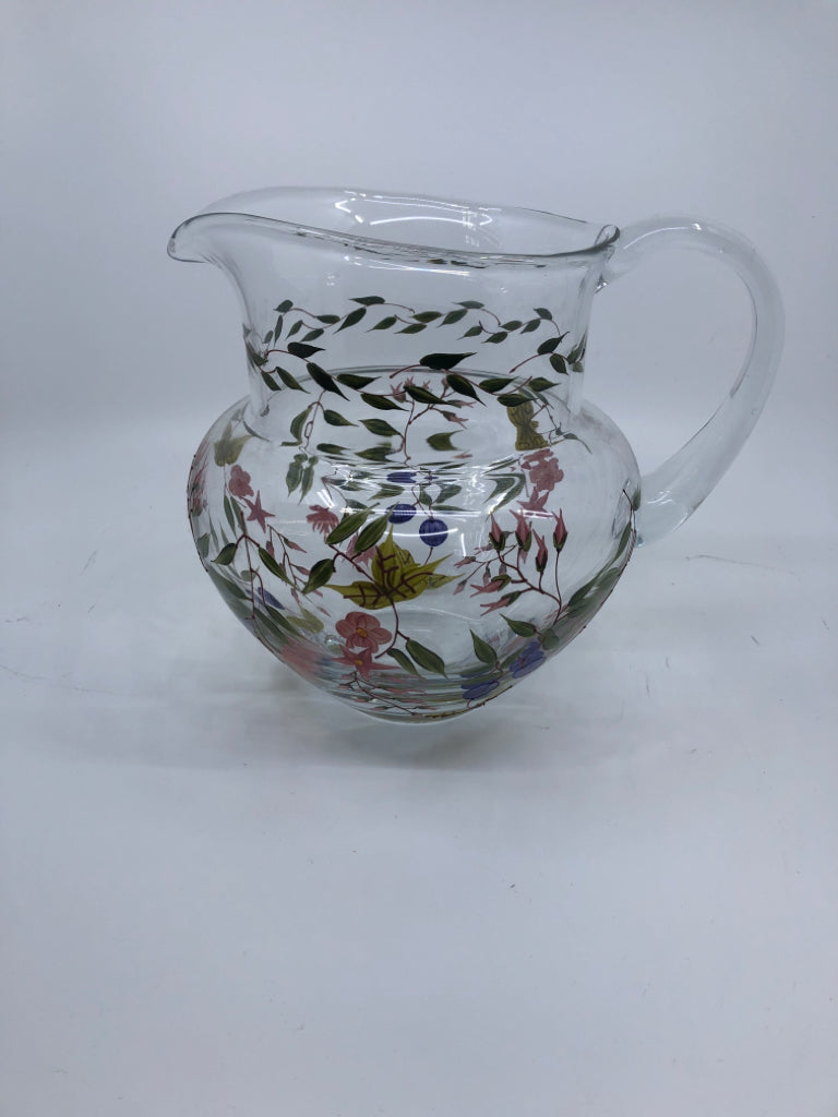 PINK FLOWERS GLASS PITCHER.