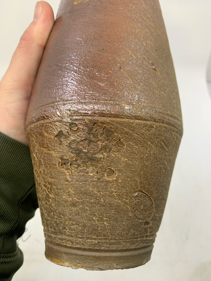 VTG EMPTY DARK BROWN POTTERY BOTTLE.