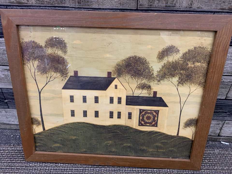 WHITE FARMHOUSE IN WOOD FRAME WALL ART.