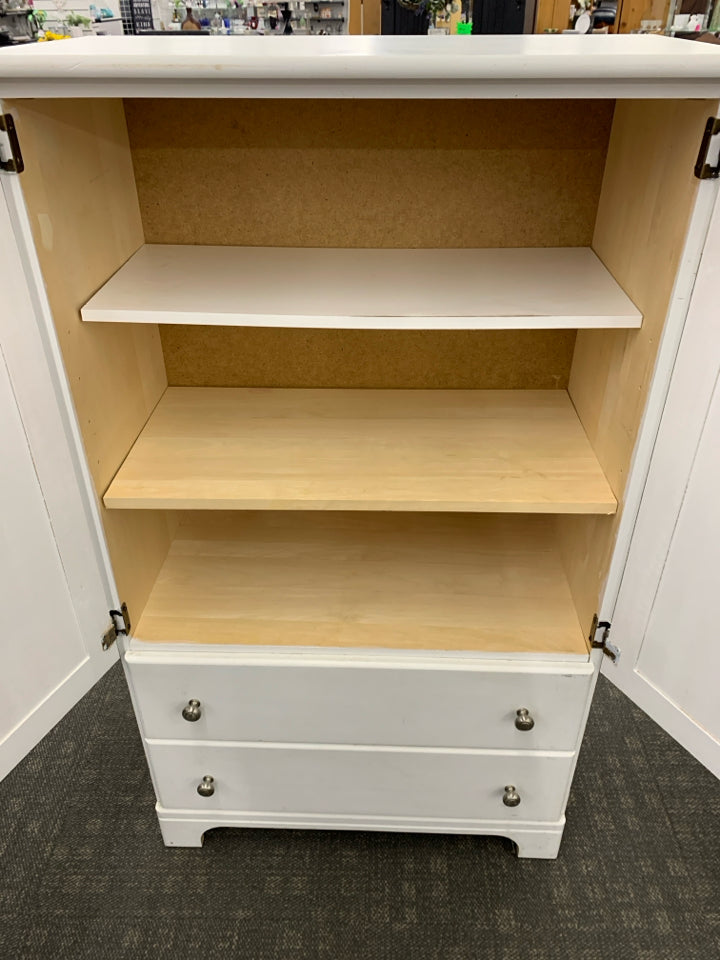 WHITE PAINTED WOOD DRESSER CABINET W/ SHELVES + 2 BOTTOM DRAWERS.