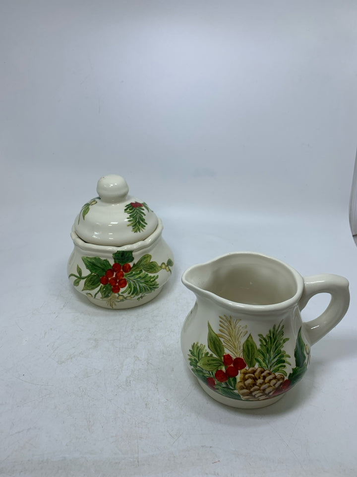 2 PC HOLLY/PINE CONE PAINTED SUGAR/CREAMER MAXCERA.