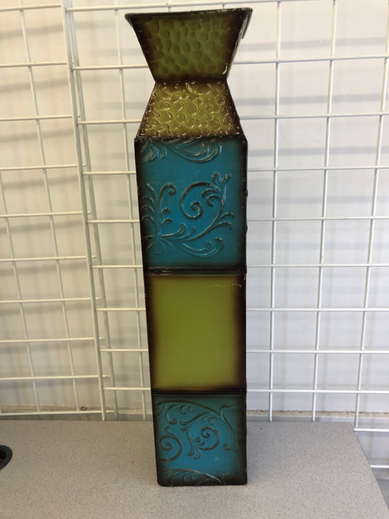 GREEN AND BLUE METAL SQUARE FLOOR VASE.