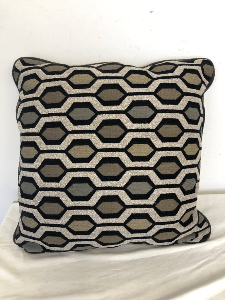 GRAY WITH GOLD,BROWN,GREEN,BLACK HEXAGON SHAPES PILLOW.