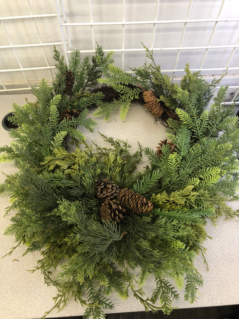 PINECONE AND FERN LEAVES WREATH.