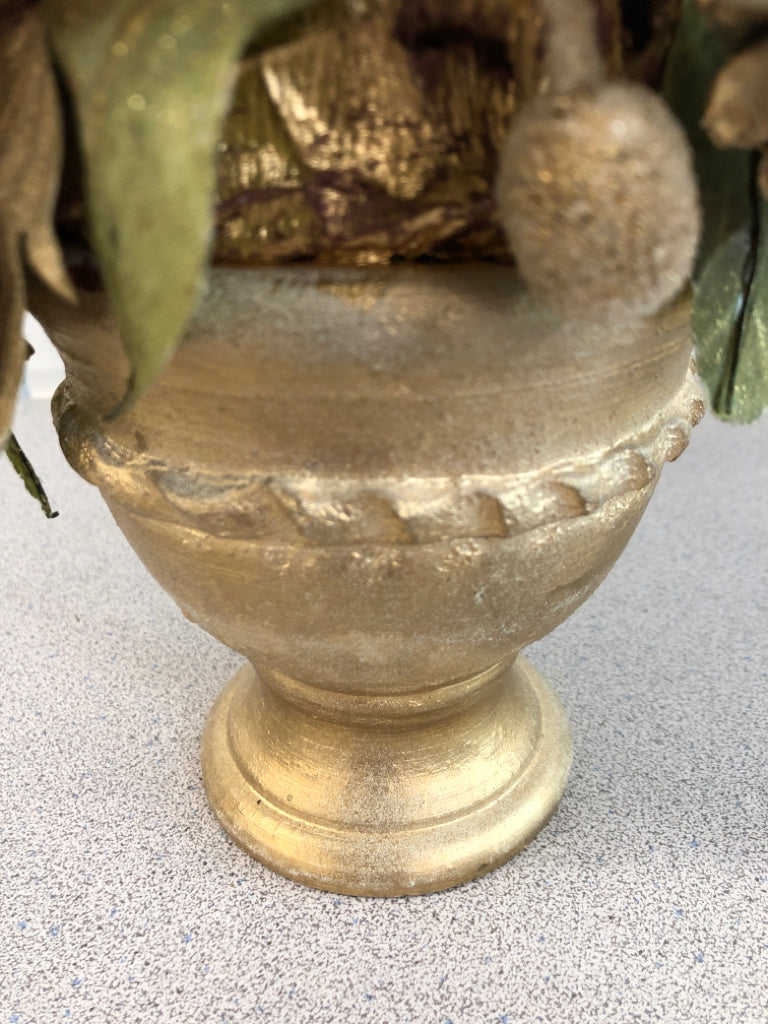 GOLD PINECONE AND LEAF TREE IN GOLD CERAMIC POT.