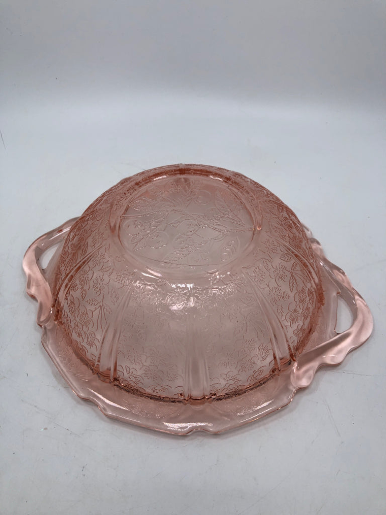 VTG PINK GLASS FLORAL ETCHED SERVING BOWL.