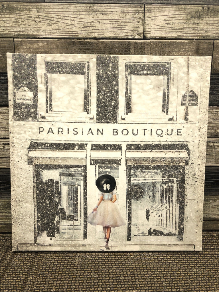 SPARKLE PARISIAN BOUTIQUE BUILDING WALL CANVAS GIRL IN HAT.