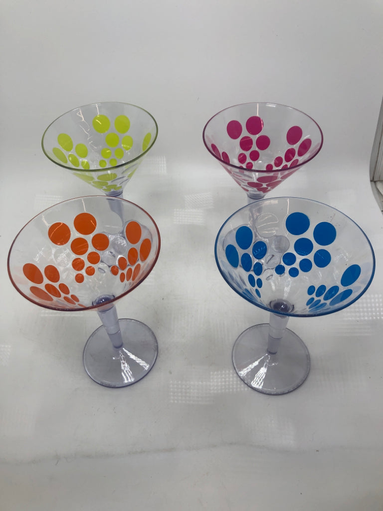 4 PLASTIC MARTINI GLASSES W/COLORFUL POLKA DOTS.