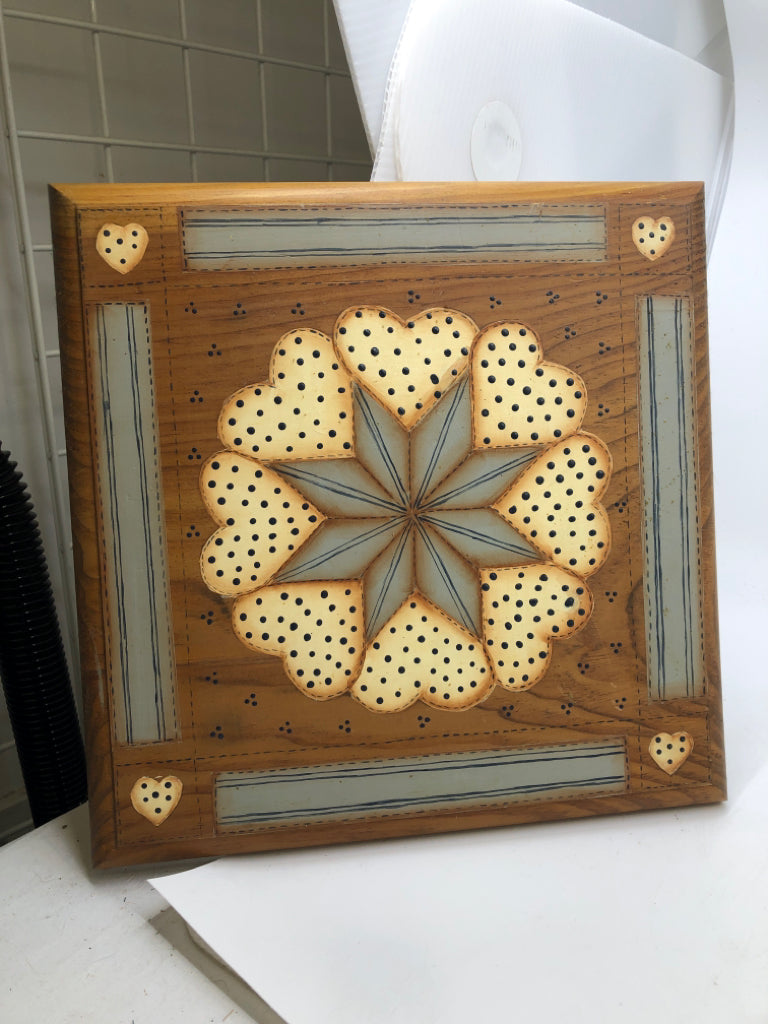 PRIMITIVE WOOD W BLUE AND WHITE WALL DECOR.