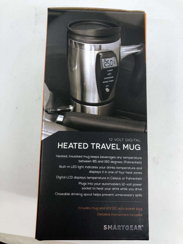 NIB 12 VOLT DIGITAL HEATED TRAVEL MUG.