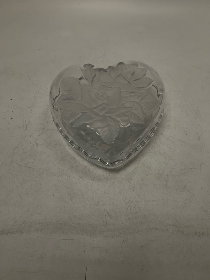 GLASS HEART SHAPED CANDY DISH W/ FROSTED ROSES.