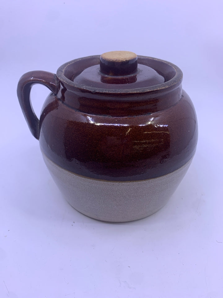 VTG BROWN/CREAM BEAN POT W/ LID ROBINSON RANSBOTTOM POTTERY.