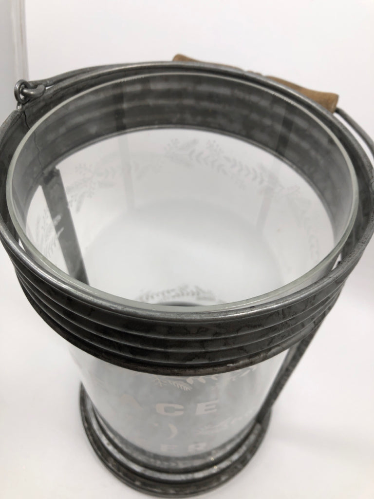 PEACE JOY CHEER GALVANIZED CANDLE LANTERN.