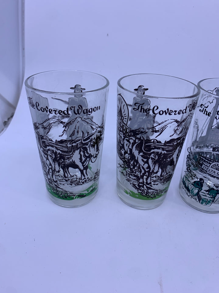 6 VTG TUMBLER GLASSES W SCENES IN GOLD METAL CARRIER.