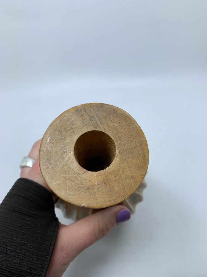 RIBBED BLONDE WOOD CARVED TAPERED CANDLE HOLDER.