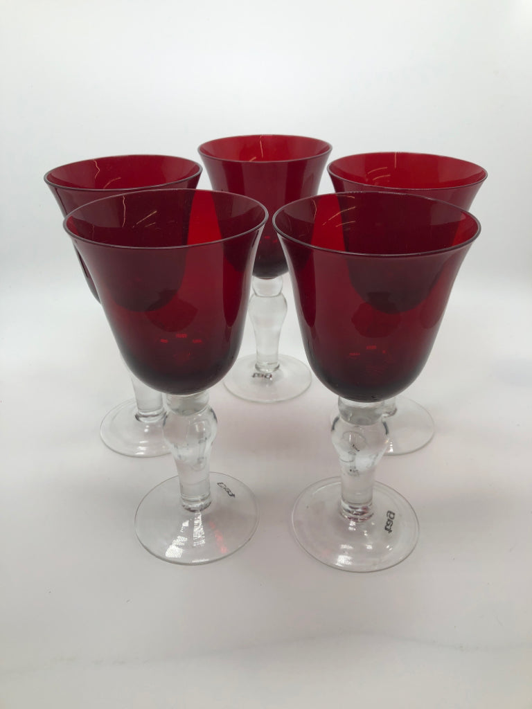 5 RED WINE GOBLETS W/CLEAR STEMS.