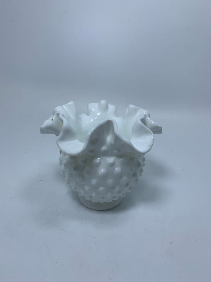 HOBNAIL MILK GLASS VASE W/ RUFFLED EDGE.
