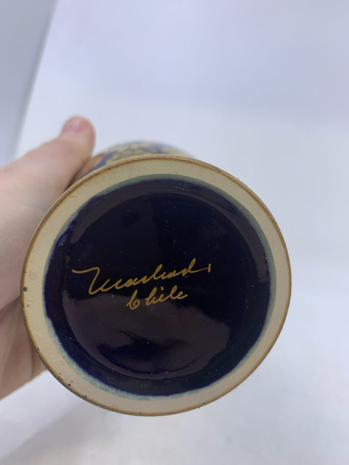 FOOTED COBALT BLUE VASE W/ ROSES.