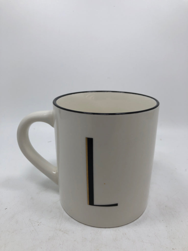WHITE L  MUG W/BLACK RIM.