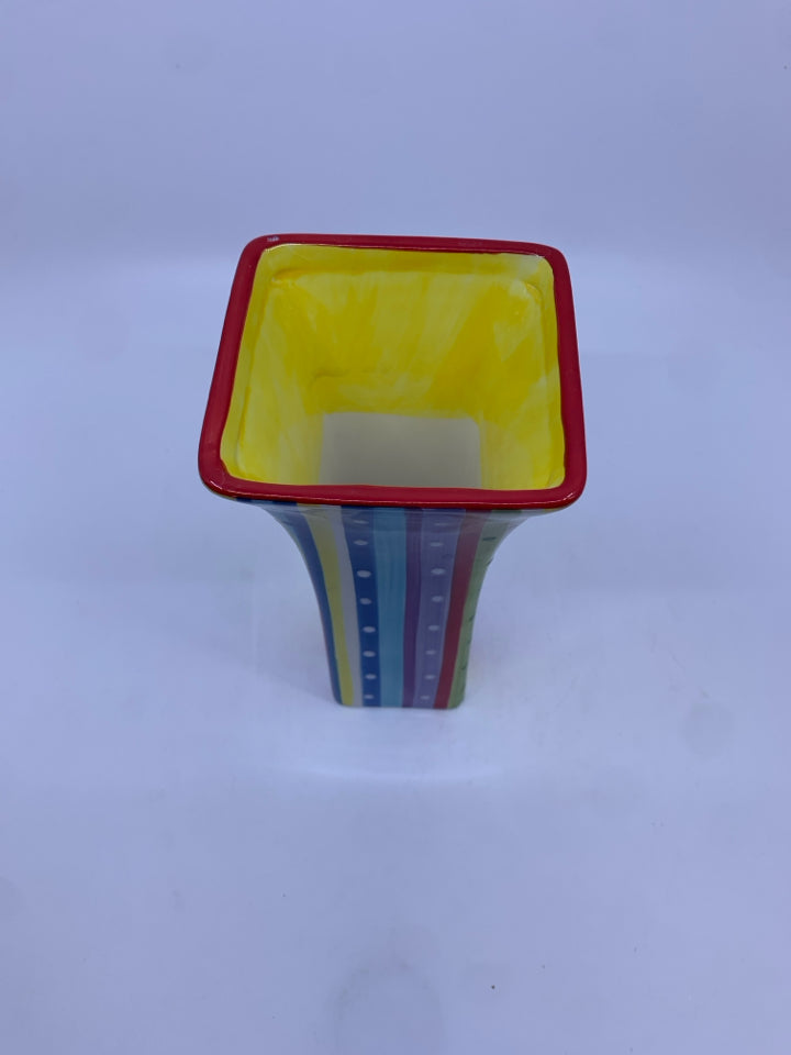 CERAMIC SQUARE VASE W/ COLORFUL STRIPES FLARED TOP.