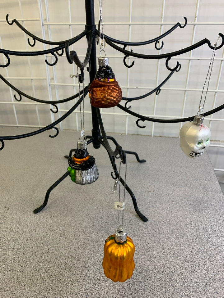 BLACK METAL MINI ORNAMENT TREE W CHRISTMAS AND HALLOWEEN ORNAMENTS.