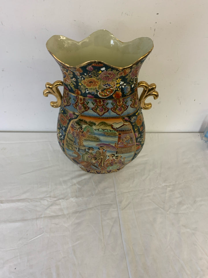 WIDE ASIAN STYLE VASE W WOMEN AND PEACOCK.