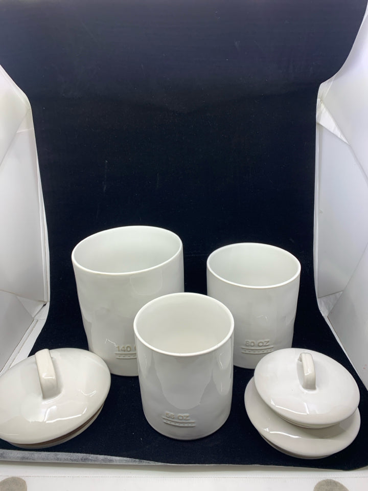 3 BICO WHITE CERAMIC CANISTERS EMBOSSED OZ.