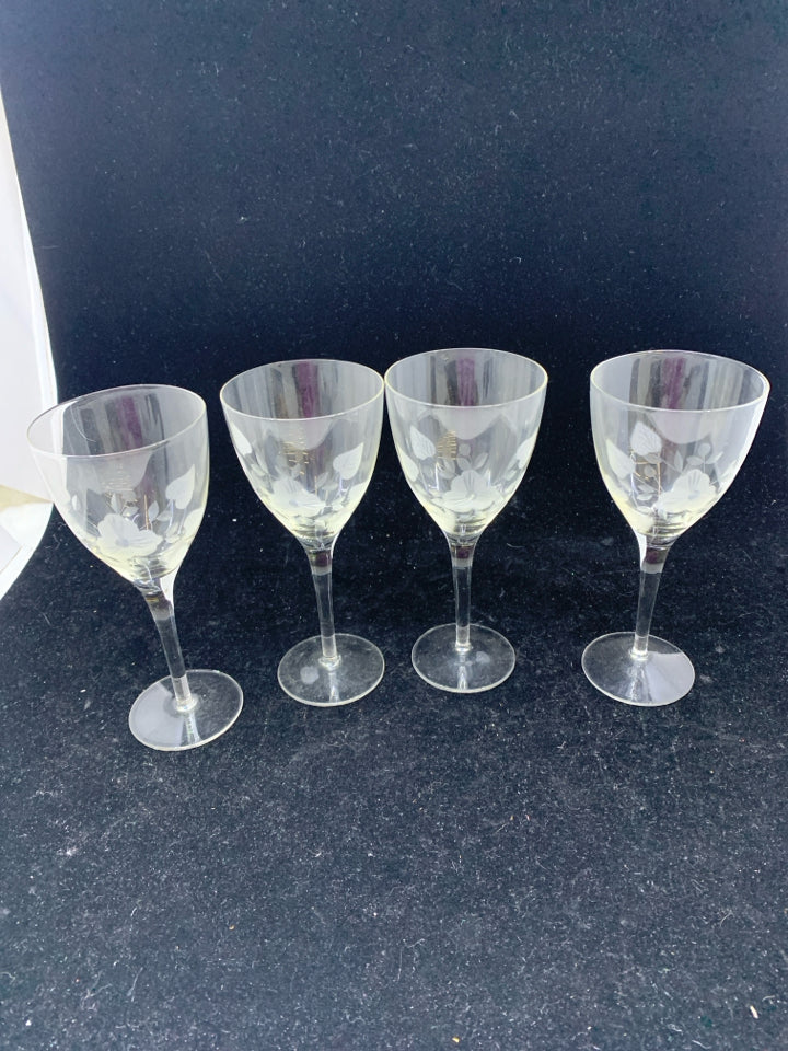 4 LIGHT WHITE ETCHED FLORAL WINE GLASSES.