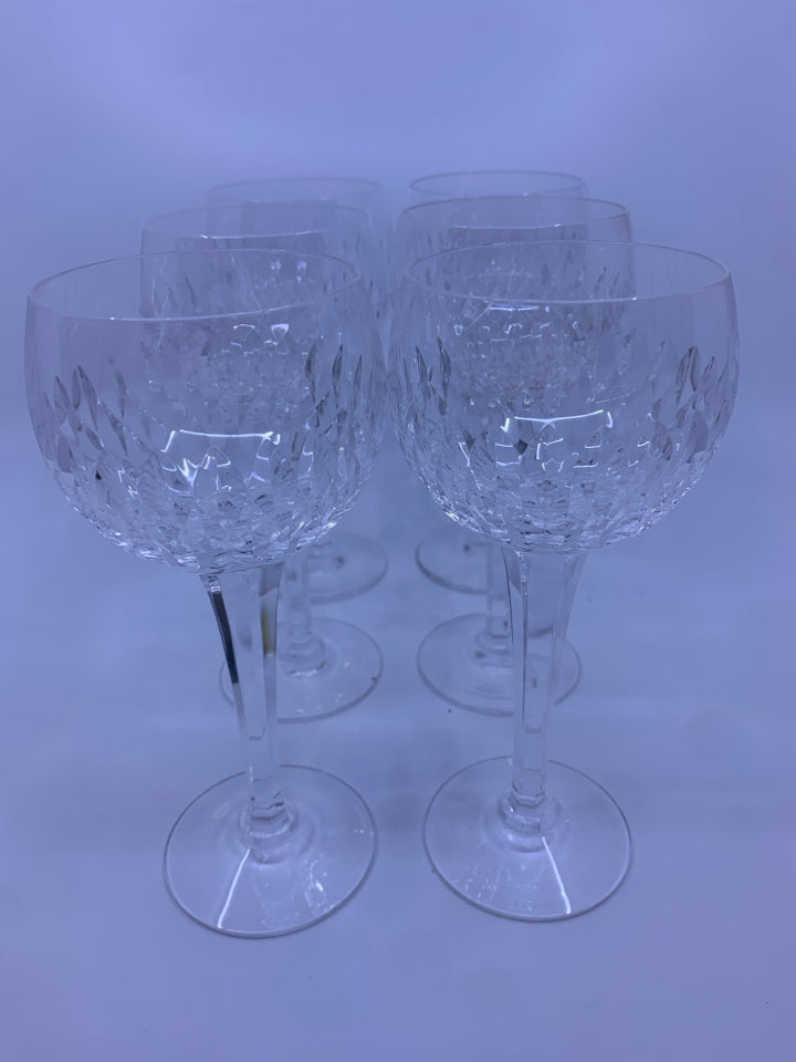 6 CUT GLASS BULB WINE GLASSES.