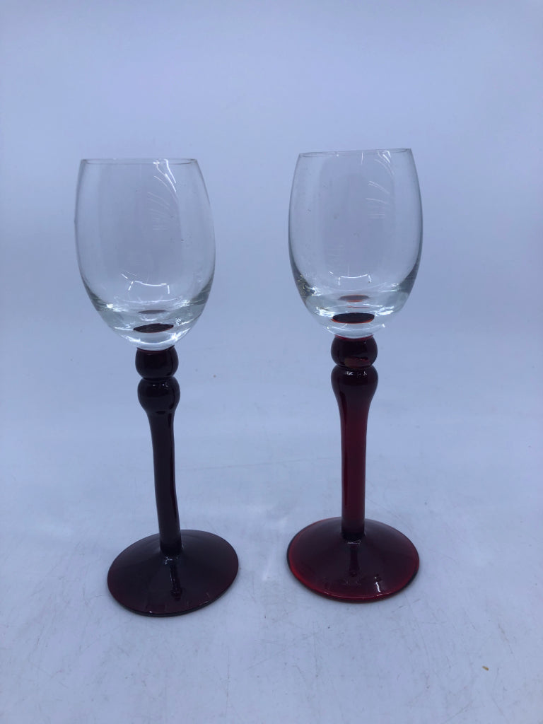 2 VTG RED STEMED SMALL CORDIAL GLASSES.