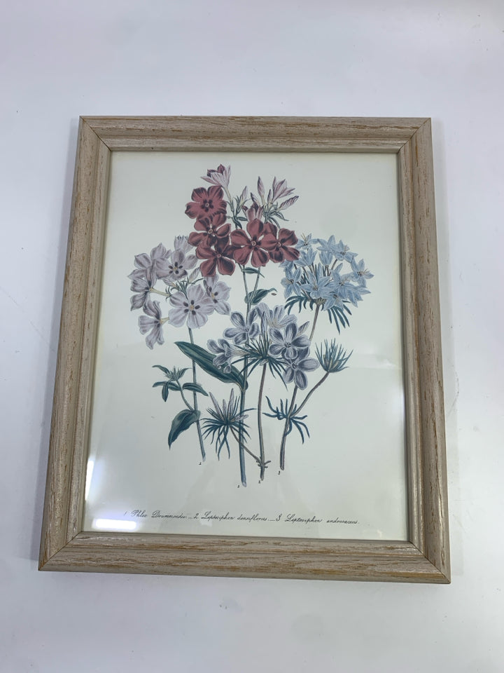 FLORAL PRINT IN DISTRESSED WHITE WOOD FRAME.