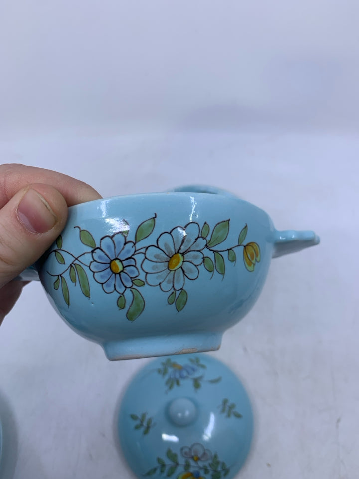 VTG 3 PC LIGHT BLUE CANISTER W/ DRIP PLATE FLORAL.