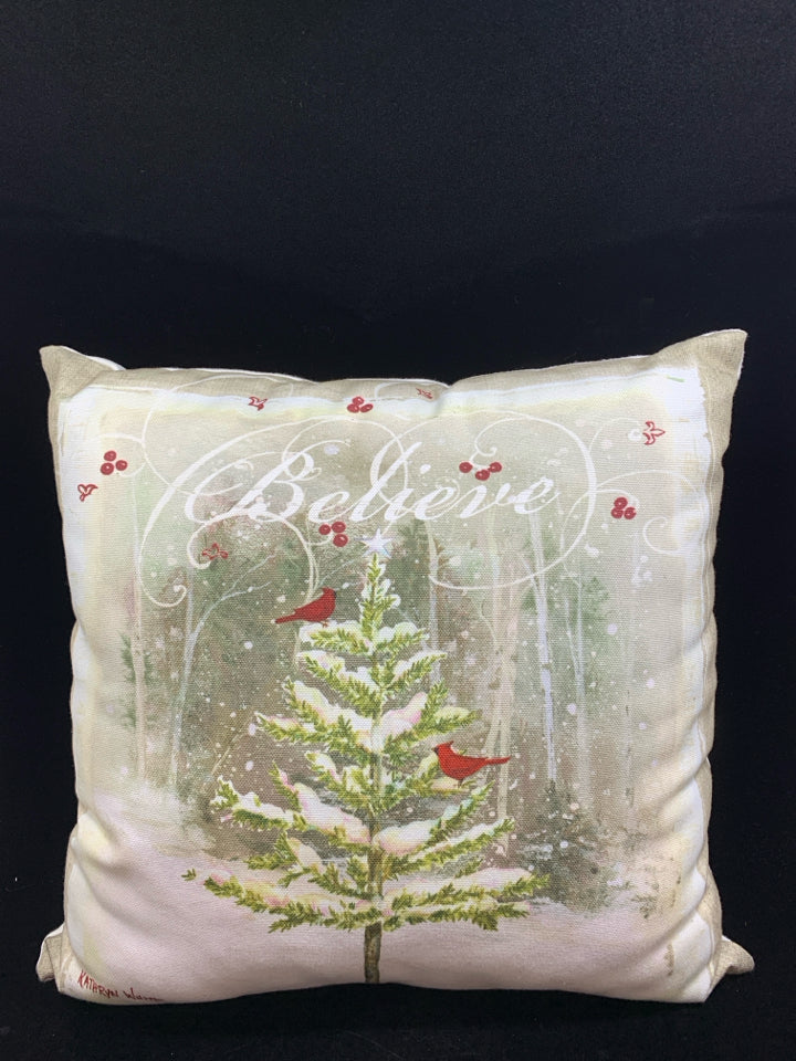 'BELIEVE' CARDINAL IN TREE FABRIC PILLOW.