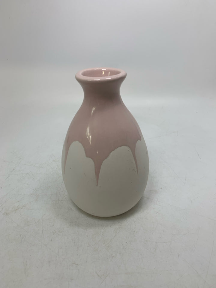 ISAAC MIZRAHI WHITE MATTE BOTTOM PINK DRIP GLAZE TOP VASE.