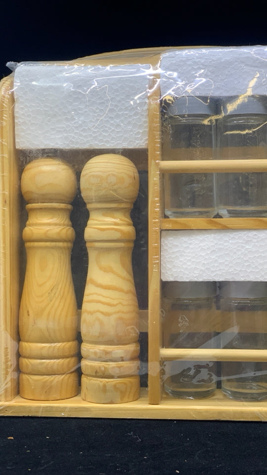 NIP BLONDE WOOD GIFT SET-SALT & PEPPER SHAKERS, 6 SPICE JARS, AND SHELF.