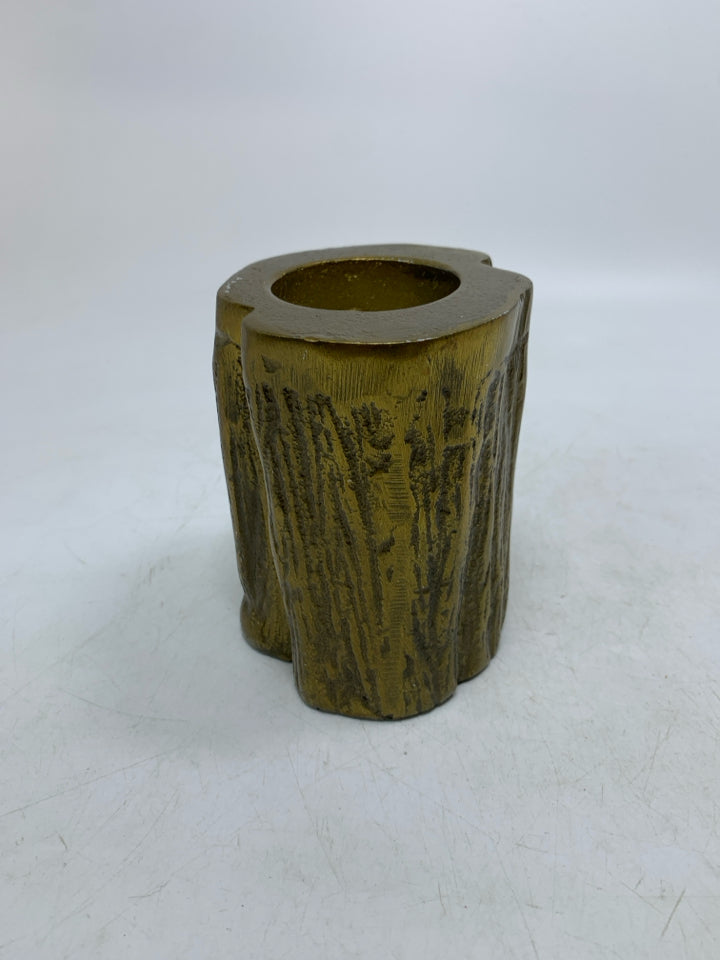 GOLD METAL TREE STUMP TEALIGHT HOLDER.