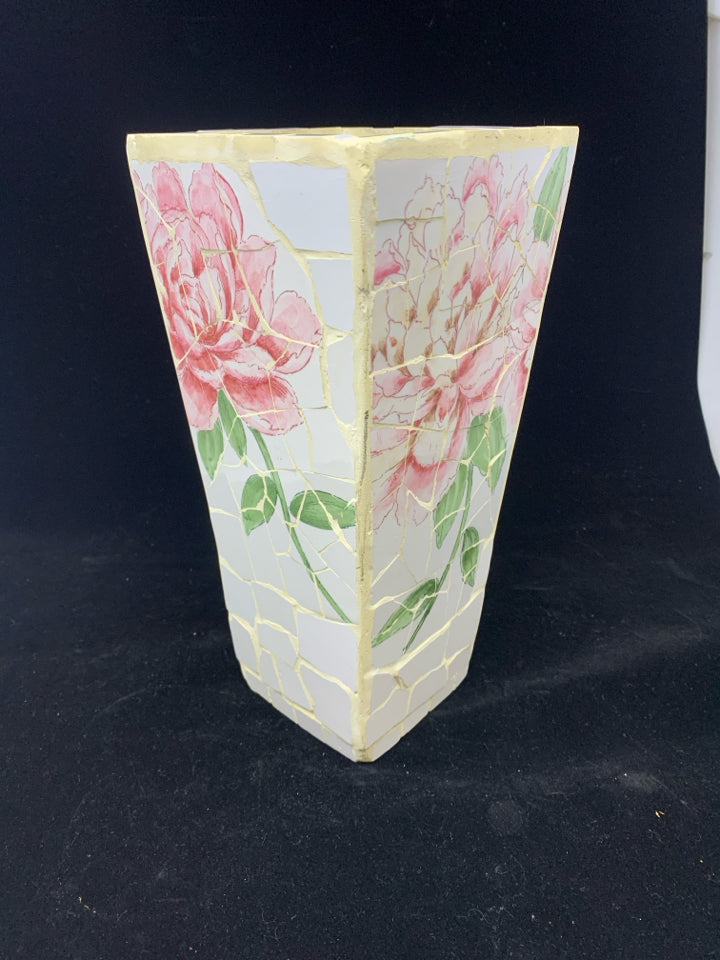 WHITE MOSAIC VASE W/PINK FLOWERS.