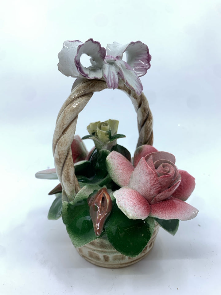 PINK GLASS ROSE IN BASKET.