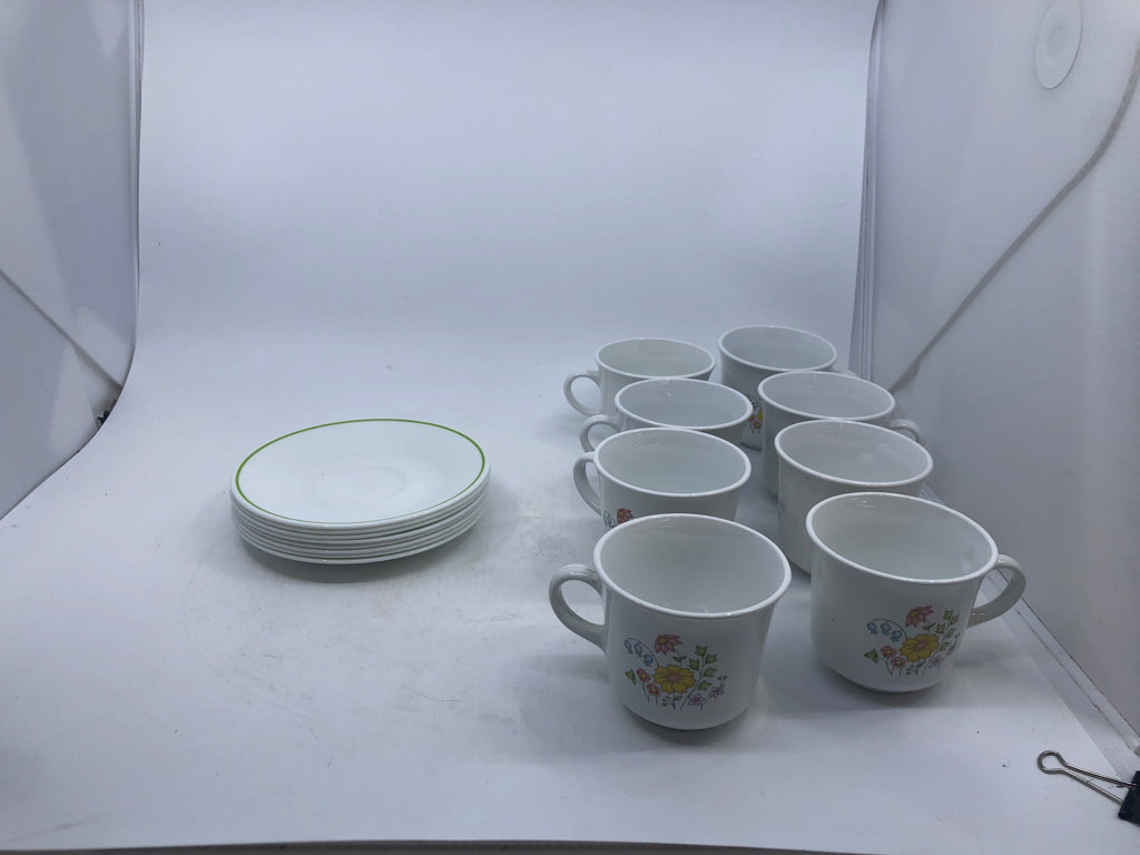 16PC PASTEL FLORAL CUP AND SAUCER SET- CORELLE 8 MUGS, 8 SAUCERS.