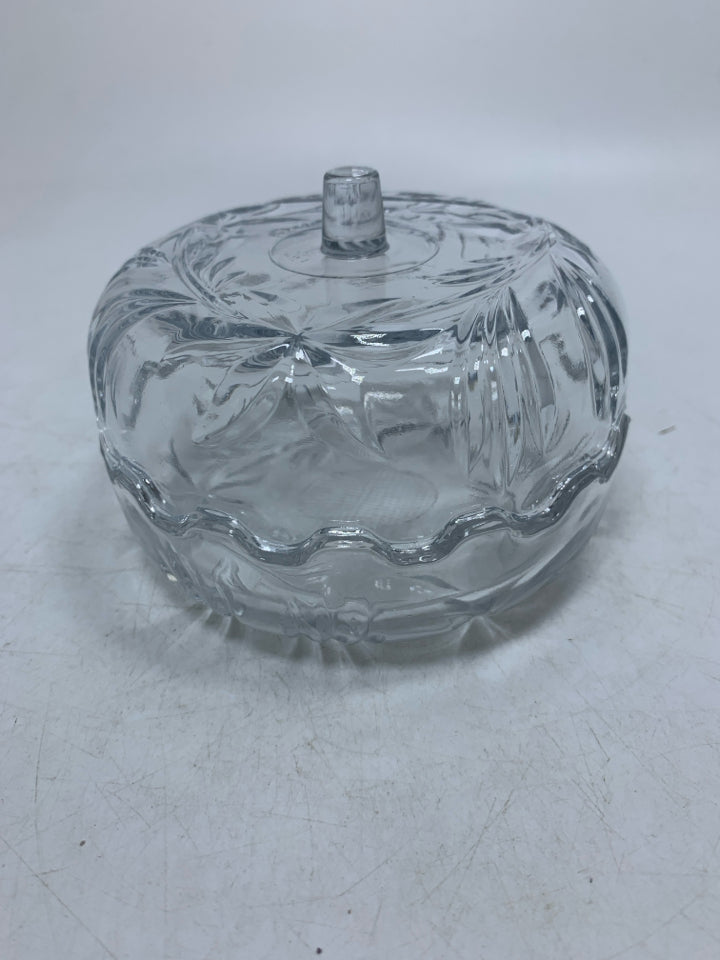 CLEAR GLASS APPLE SHAPED NUT BOWL W/ EMBOSSED FLOWERS.