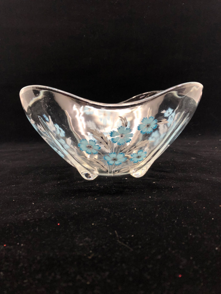 FOOTED GLASS BLUE FLOWERS BOWL.