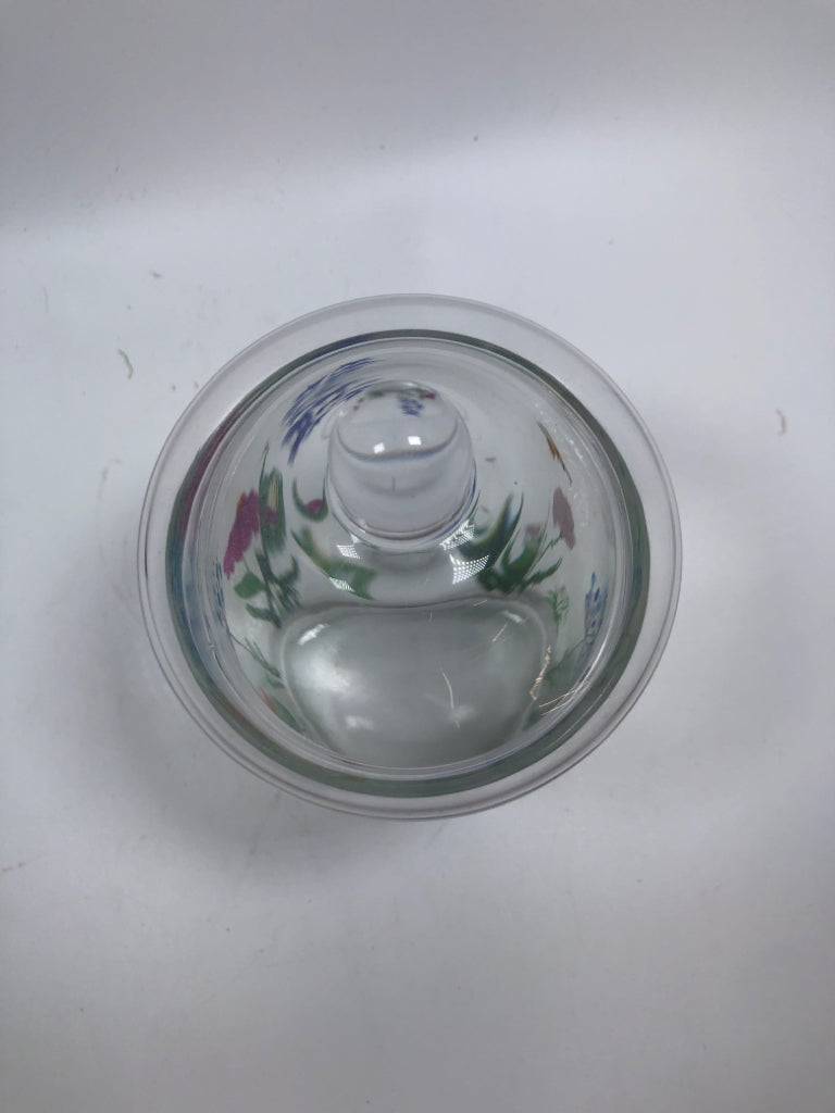 CLEAR JAR W/ PAINTED FLOWERS AND BEES.