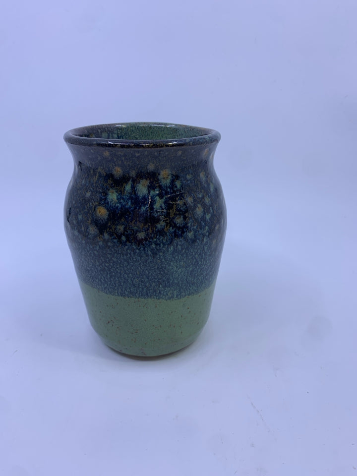 MINT GREEN GLAZED BOTTOM W/ DARK BLUE TOP POTTERY VASE.
