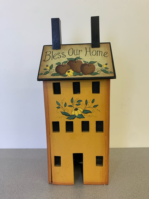 PRIMITIVE "BLESS OUR HOME" W/ APPLES YELLOW LIGHT UP HOUSE.